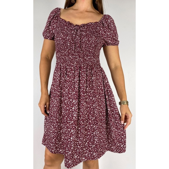 JAY JAYS Maroon Floral Print Shirred Dress Size 16 - Picture 2 of 6